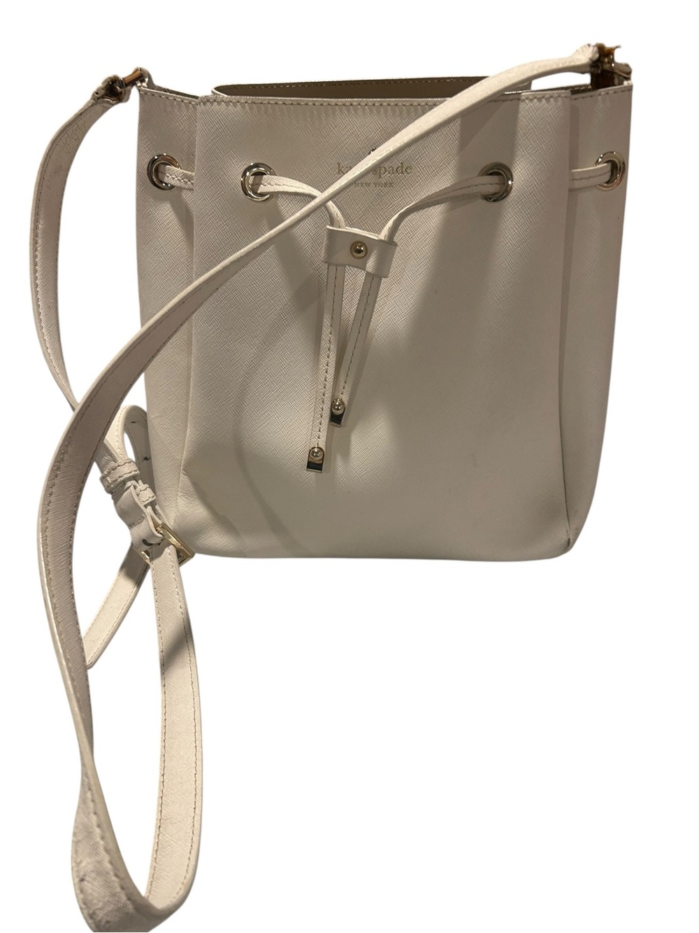 kate spade Cream Leather Drawstring Crossbody Bucket Bag